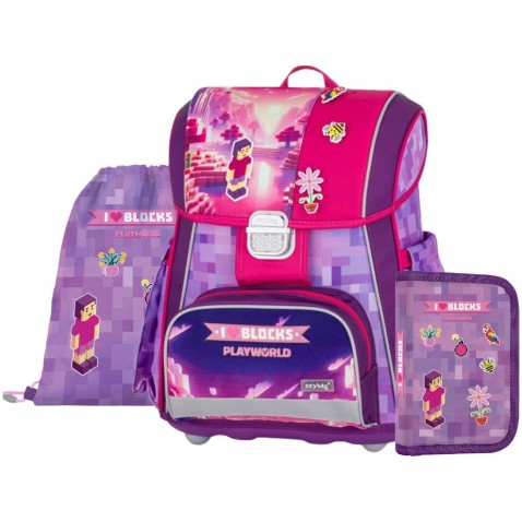 Školská taška pre prváka PREMIUM Playworld Girl, 3dielny set