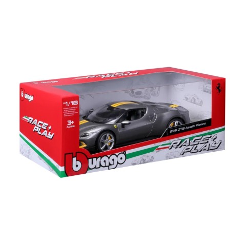 Bburago - RACE+PLAY,  Ferrari 296 GTB ASSETTO FIORANO, sivá metalíza, 1:18