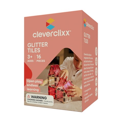 Cleverclixx – Magnetická stavebnica Glitter Tiles Pack Transparent – ružové – 16 ks