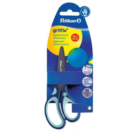 Detské ergonomické nožničky Griffix se špicatou špičkou - pre pravákov, modré, na blistri