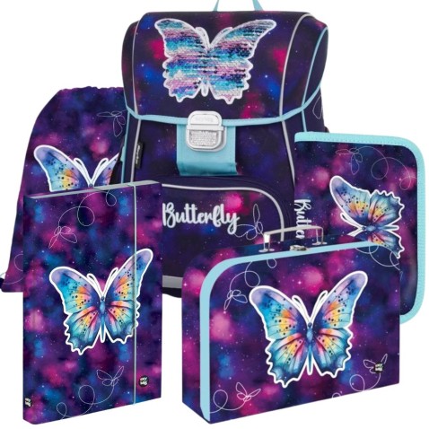 Školská aktovka Oxybag Premium Motýľ fialový – 5-dielny set