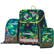 Školská taška pre prváka Oxybag PREMIUM LIGHT Playworld 25, 3dielny set a box na zošity zadarmo