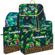 Školská taška pre prváka Oxybag PREMIUM LIGHT Playworld 25, 5dielny set a desiatový box zdarma